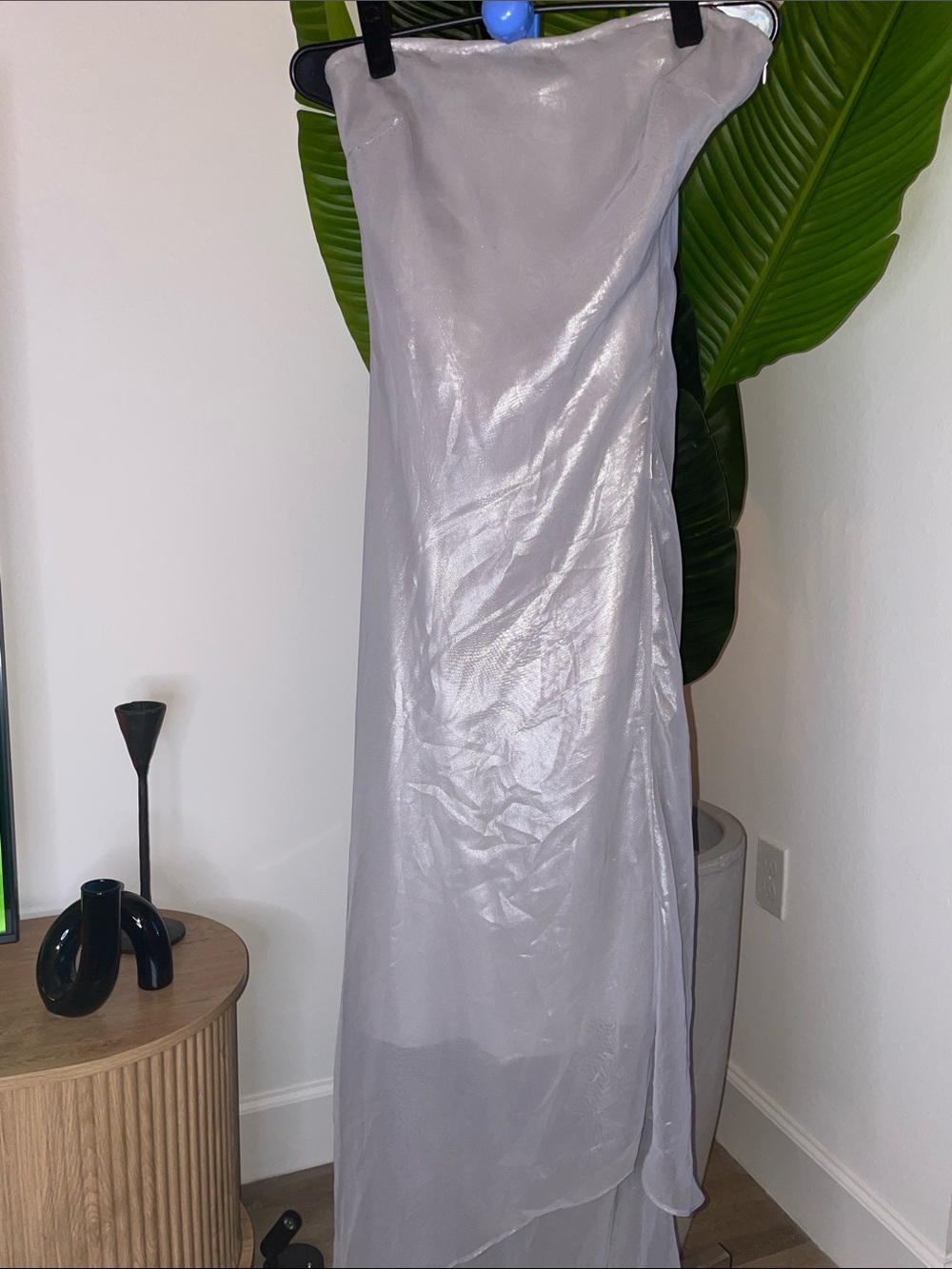 Strapless Silver Satin Evening Dress